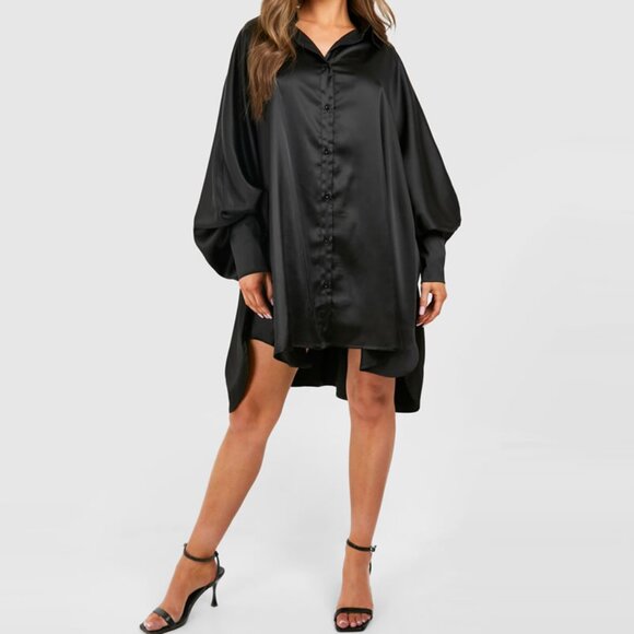 Boohoo Satin Oversized Batwing Balloon Sleeve Shirt Dress - Picture 1 of 3